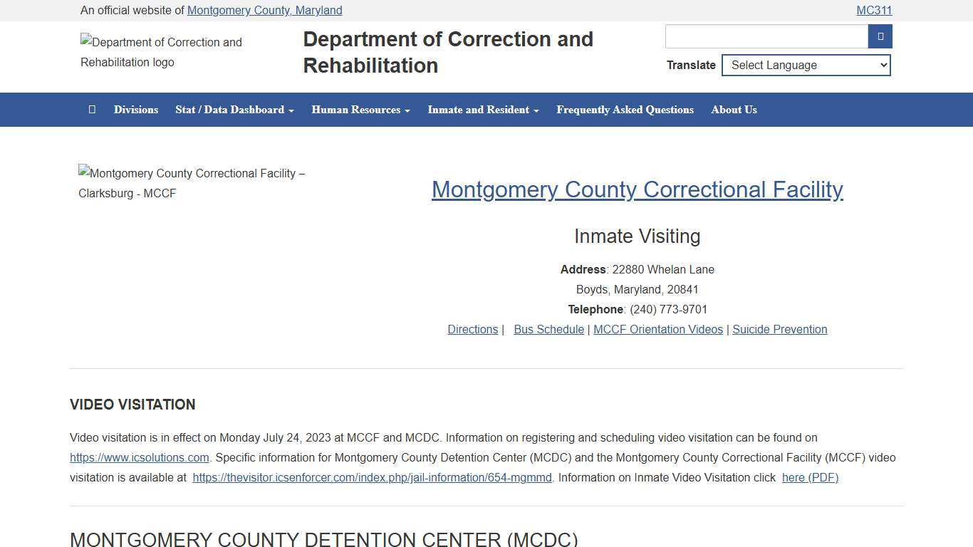 Inmate Visiting at Montgomery County Correctional Facility, Department of Correction and Rehabilitation, Montgomery County Maryland
